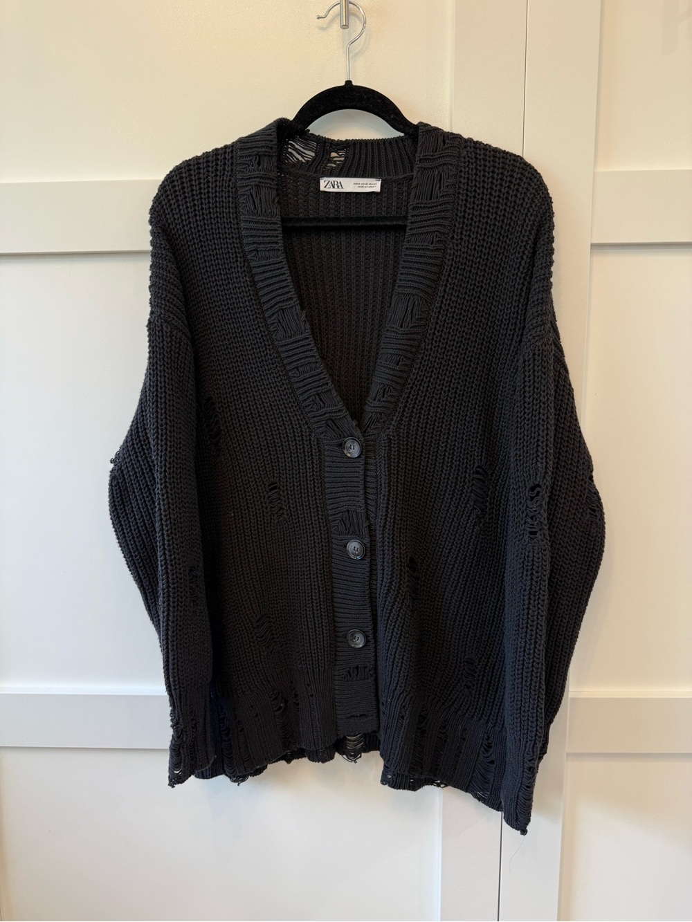 Zara Black Distressed Button-Up Knit Cardigan